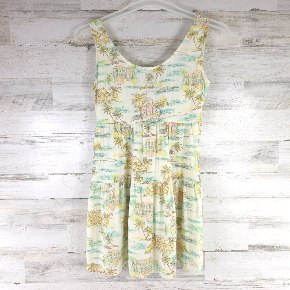 RAYA SUN WOMEN'S SIZE SMALL TIE BACK DRESS SLEEVELESS BEACH HOUSE GRAPHIC PRINT